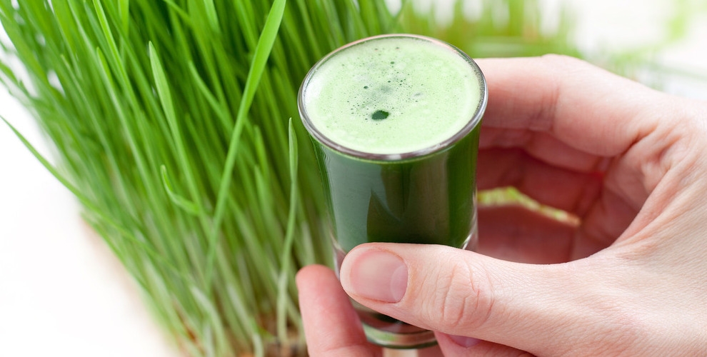 verre de jus d'herbe à côté d'une botte d'herbes fraîches